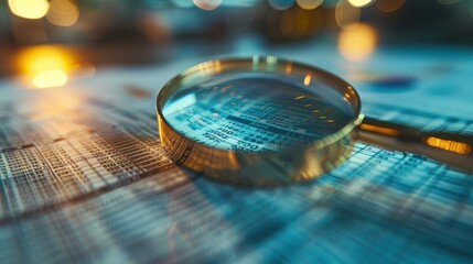 Magnifying Glass on Financial Data Sheets with Blurred Background and Warm Lighting
