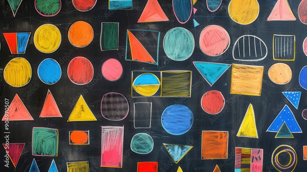Aufkleber A blackboard is decorated with vibrant geometric shapes and colorful patterns, illustrating creativity and artistic expression in a learning environment. Generative AI