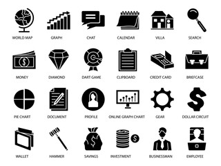 24 BUSINESS AND FINANCE icon SET FILL BLACK COLOR