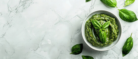 Obraz premium Pesto in bowl on light marble table , with empty copy Space 