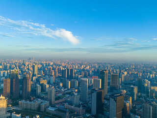 Aerial view of shanghai skyline and huangpu river at sunrise