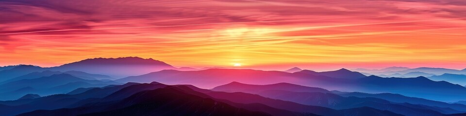Fototapeta premium Vibrant twilight sky silhouettes mountain range in fiery sunset