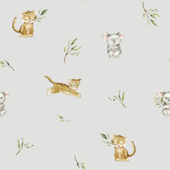 Seamless pattern with green eucalyptus leaves and cute tiger and koala. Watercolor isolated illustration on greybackground. Cartoon kids print with animals minimalist scandinavian style.