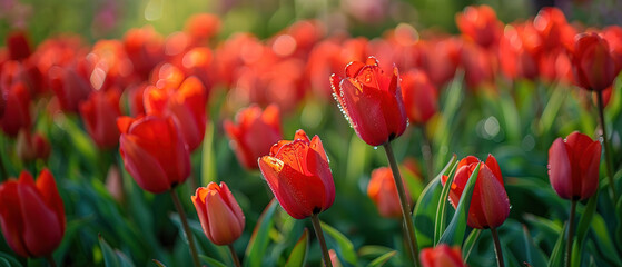 Fototapeta premium Many red tulips, bright colors, with a few dew drops on the flowers. The background is in a vast garden. macro photography