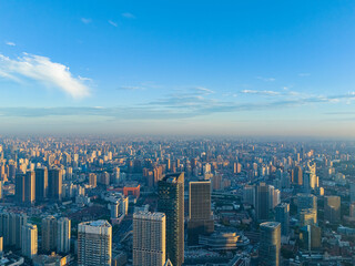 Aerial view of shanghai skyline and huangpu river at sunrise