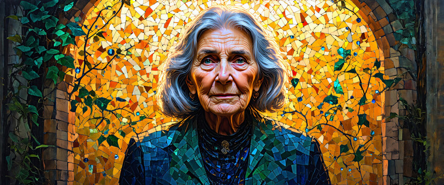 Elderly wise woman mosaic portrait with gemstones and ivy