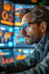 Focused Professional Analyzing Data on Multiple Screens in a Modern Office Environment