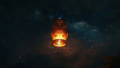 A single lantern floating high above, surrounded by the darkness of the night sky, symbolizing hope and peace.