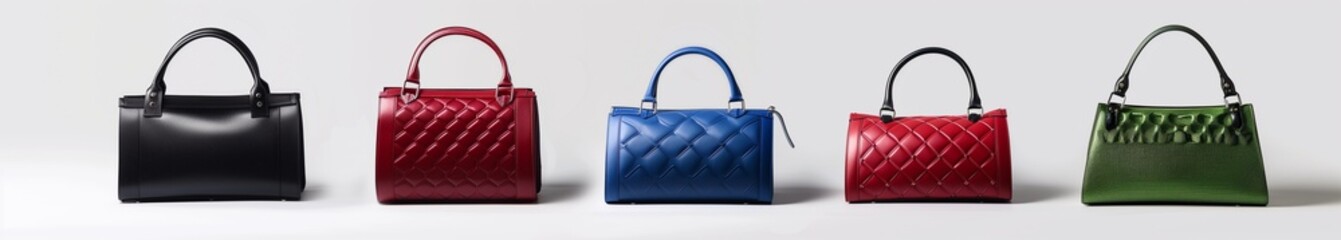 5 handbags, in different colors and styles. The first one is dark red with quilted leather details