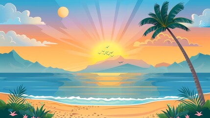 Obraz premium A beautiful sunset lights up the beach, where gentle waves meet soft sand, framed by palm trees and distant mountains under a vibrant sky