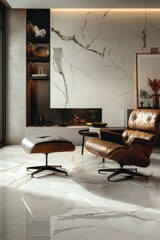 Modern Luxury Living Room with Marble Accents and Stylish Leather Furniture in Contemporary Home