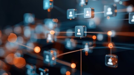 A vibrant illustration of a corporate network with interconnected businesspeople icons, symbolizing information flow and collaboration.