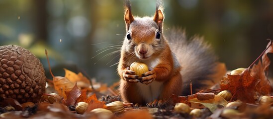 portrait of a red squirrel in autumn leaves eating cola seeds