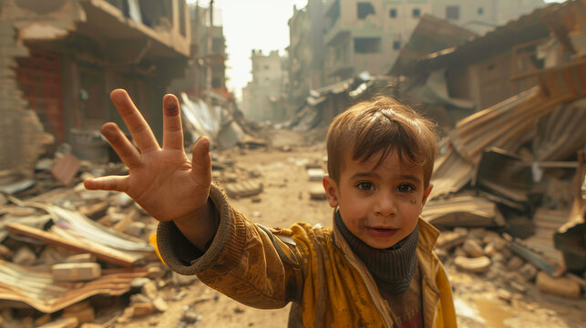 Un bambino chiede aiuto alla telecamera, con gli edifici distrutti sullo sfondo