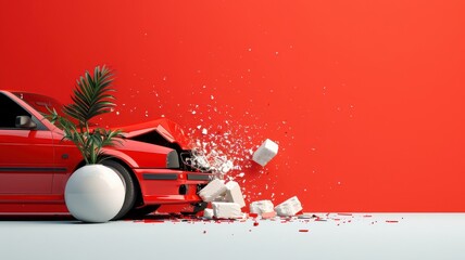 Minimalist illustration of a car accident using simple shapes and bold colors.