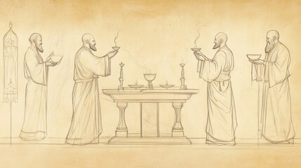 Exodus:The Ark, Table, and Lampstand, Biblical Illustration of Priests Maintaining Lampstand, Ensuring Lamps Burn Continually Before the Lord - Bible Wall Art on Beige Background