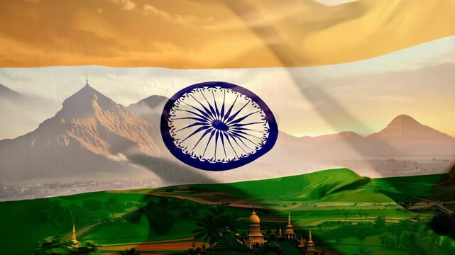 India flag waving in the wind against hills landscape. Patriotism and national pride concept. Government and politics. Cultural heritage. India Independence Day