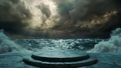 A stormy seascape backdrop with a stone platform for product display.