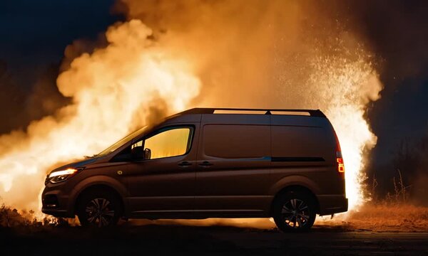 A burning van is engulfed in flames and smoke, presenting a dramatic scene of a vehicle fire. Intense flames rise upwards, while black smoke billows into the air, creating a dark atmosphere.