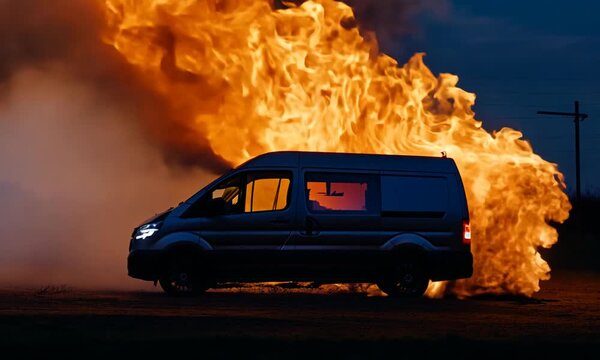 A burning van is engulfed in flames and smoke, presenting a dramatic scene of a vehicle fire. Intense flames rise upwards, while black smoke billows into the air, creating a dark atmosphere.