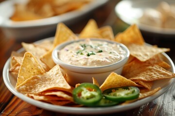 White Queso Dip with Chips and Jalapenos