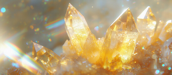 Bright yellow citrine crystal cluster vibrant energy sunlight radiance abstract gemstone natural beauty radiant glowing spiritual healing aura light texture quartz luxury vibrant rich warmth backdrop