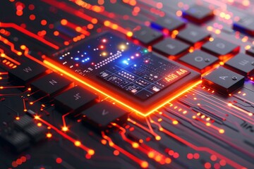Obraz premium Red glowing circuit board with advanced AI chips, showcasing high-speed data processing and network technologies.