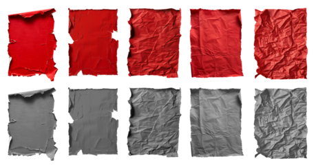 Collection set of red maroon grey gray crushed wrinkle scrunch torn rectangle A4 paper, old tear crumple rip edges on transparent cutout, PNG. Many different design. Mockup template artwork graphic
