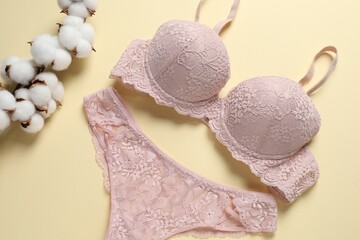 Elegant pink lace women's underwear and cotton flowers on beige background, top view