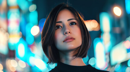Fototapeta premium Young Asian woman with a stylish bob haircut, wearing a chic outfit, standing in front of a neon-lit cityscape at night,