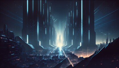 Geometric City: Beams of Light Connect Futuristic Skyline