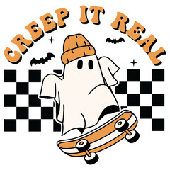 Creep it real Ghost on a skateboard Retro Happy Halloween Fall Spooky Season