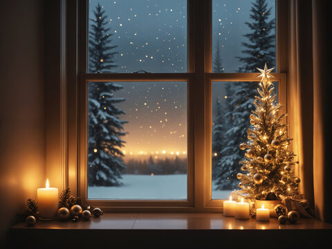 christmas decoration tree at the night window
