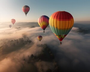 Obraz premium Colorful hot air balloons floating over a misty
