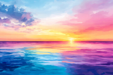 Abstract painting of a vibrant sunset over a colorful ocean, blending shades of blue, pink, purple, and yellow in a dreamy seascape.