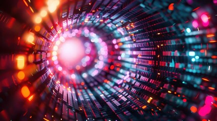 Obraz premium Futuristic Neon Tunnel with Vibrant Lights and Digital Patterns in a Sci-Fi Cyberpunk Style