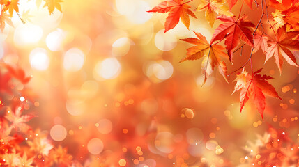 Fototapeta premium autumn season web banner design with vibrant red and yellow maple leaves against a soft focus light and bokeh background digital illustration