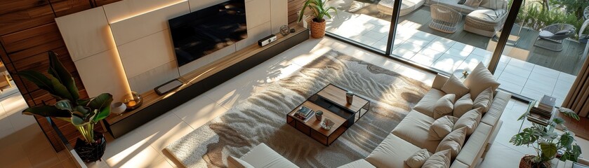 Modern Living Room with Cozy Sofa, Large TV, and Sunlit Patio in Contemporary Home