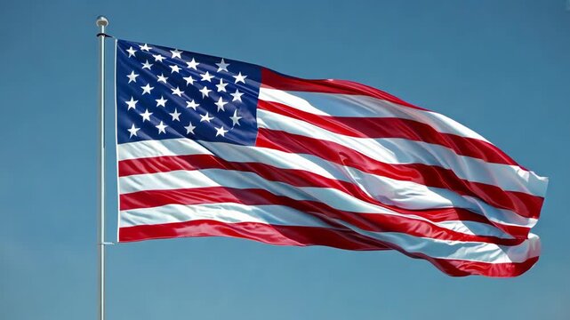 U.S flag waving in the wind against blue sky background. Patriotism and american pride concept. USA Government and politics. Cultural heritage. 2024 United States presidential election