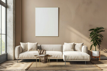 Minimalist living room with beige sofa, modern interior design, and wall art
