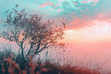 Vivid dawn colors in picturesque hilltop landscape with fog, trees, and bright sky