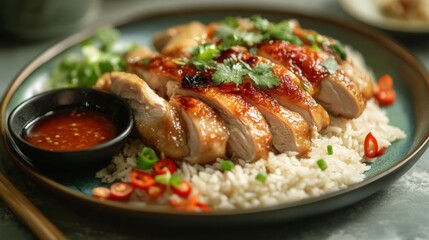 A casual dining scene with a plate of rice and roasted chicken, served with dipping sauce. --ar 16:9