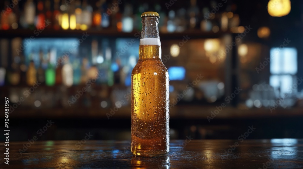 Poster a chilled beer bottle with droplets of condensation, standing on a bar counter.