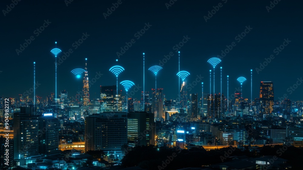 Aufkleber A city skyline with digital icons representing wireless communication networks.