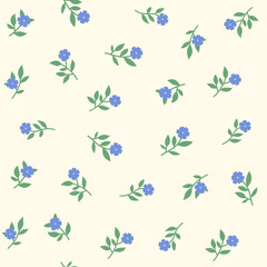 Blue daisy seamless pattern. Hand drawn small flowers with leaves scattered on light beige background. Delicate floral branches allover illustration. Botanical ditsy endless print