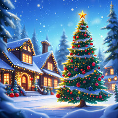 A vibrant Christmas scene with a decorated evergreen tree, snow-covered houses, and a star on top, set against a twilight sky.