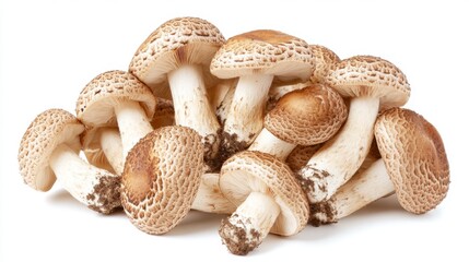 A cluster of Matsutake mushrooms with their stems and caps, isolated on a white background.