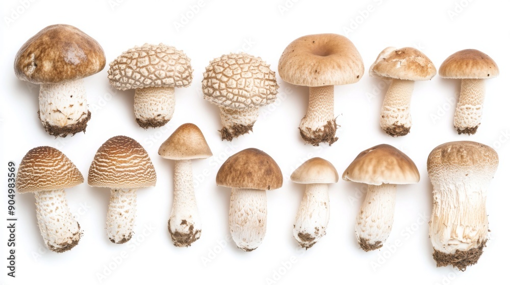 Poster a collection of matsutake mushrooms, showing their varied sizes and shapes on a white background.
