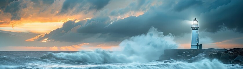 Naklejka premium Dramatic Lighthouse on Rocky Coastline During Stormy Sunset with Crashing Waves and Dark Clouds