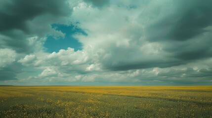 Expansive canola field under dramatic cloudy sky, stunning agricultural landscape view